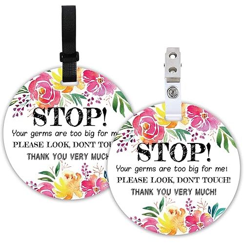 Stop, No Touching Car Seat Sign or Stroller Tag, 2 Pack Flower Baby Car Safety Signs Tags, 5 Inches