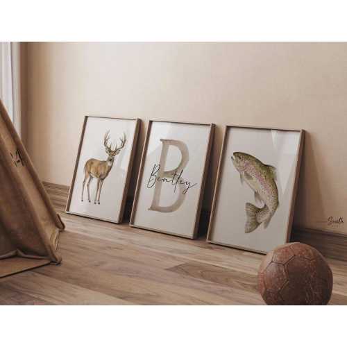 Whitetail Deer and Trout Wall Art Set of 3, Personalized Name and Initial, Hunting Fishing Nursery Decor, Boy Room Gift for Hunter