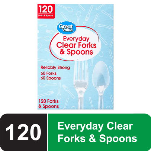 Great Value Plastic Everyday Clear Fork and Spoon Combo, 120 Count