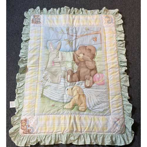 Vintage 90s Carters Crib Comforter Blanket Teddy Bear Bunny Dog FLAWED READ