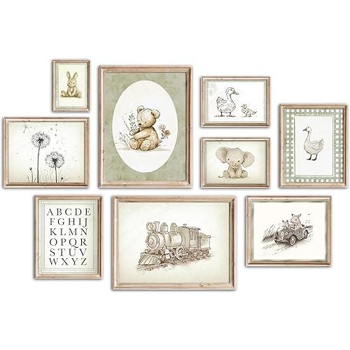 Kizbok Vintage Nursery Wall Art for Baby Room Decor, Sage Green Kids Room Wall Decor Bunny Duck Elephant Bear Train Animals Canvas Art Prints Artwork, Neutral Nursery Wall Decor Poster for Bedroom, Toddler Kids Playroom - Unframed