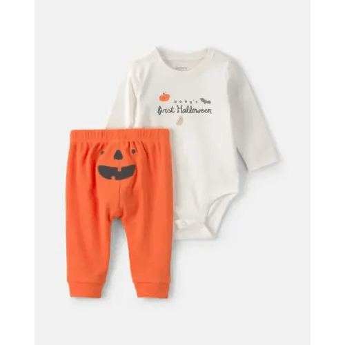 Baby 2-Piece 'Baby's First Halloween' Long-Sleeve Bodysuit & Pant Set - Orange/Cream