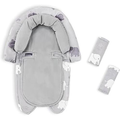 Baby Car Seat Head Support with Extra Headrest, 2-in-1 Babybody Supports with Shoulder Pads Set for Newborn, Adjustable Infant Car Seat Insert Compatible with Stroller, Baby Swing, (Grey Elephant)