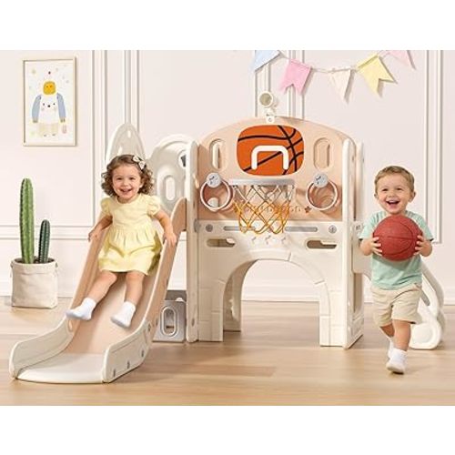 BIERUM 9 in 1 Toddler Slide, Baby Slide for Toddlers Age 1-3 with Ring Toss, Basketball Hoop and Telescope, Indoor Outdoor Playset Playground Beige Coffee