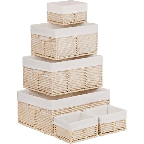 Vagusicc Wicker Storage Baskets, 6 Pack Baskets for Organizing, Wicker Basket with Handle, Rectangular Basket for Storage Shelves, Cube Storage Bins for Closet/Clothes/Dresser, Beige