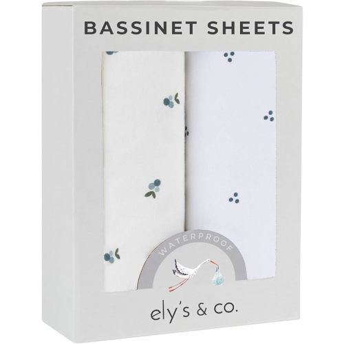 Ely's & Co. Patent Pending Waterproof Bassinet Sheets, 100% Cotton with Waterproof Lining, Built in Bassinet Mattress Protector – 2 Pack Fitted Sheet Set, Berry and Cluster Dot (Blue) 32” x 16”