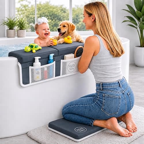 Comfortable Baby Bath Kneeler and Elbow Rest Pad Set, Non-Slip Bathtub Kneeling Pad for Bathing Baby, Bath Tub Cushion Mat, Elbow Pads, Toy Organizer Storage Pockets, Strong Suction Cups, Dark Gray