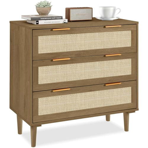 Rattan Dresser for Bedroom, 3 Drawer Dresser Boho Chest of Drawers, Modern Wood Clothes Storage for Kids Bedroom, Living Room, Nursery, Hallway, Entryway, Brown