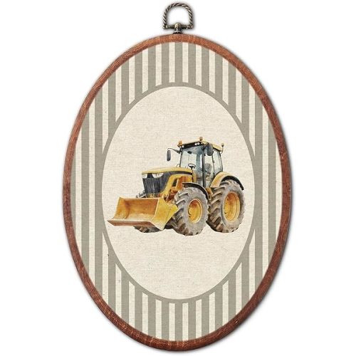 Vintage Classic Bulldozer Nursery Oval Wall Art, Brown Stripe Canvas Prints Framed, Farmhouse Retro Decor Wall Art Hanging Decor for Kids Toddler Room Playroom Decoration, 8.6x11.4 Inch
