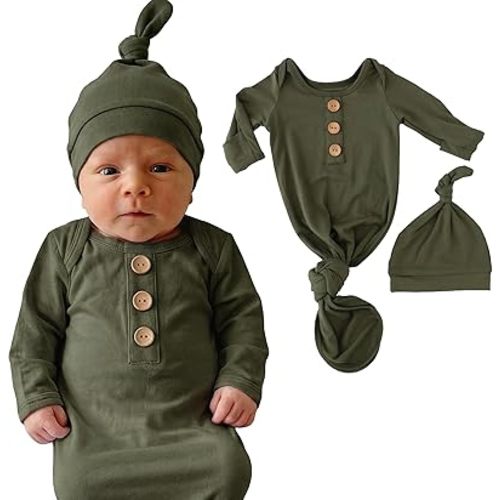 Caden Lane Newborn Knotted Gown with Hat, Soft Bamboo Viscose Baby Sack, Unisex Infant Breathable Night gown Olive