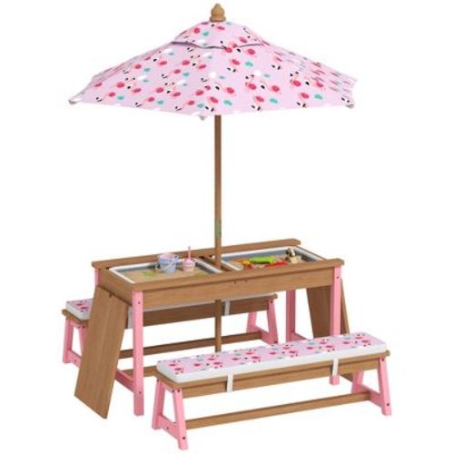 Qaba Kids Picnic Table, Wooden Table and Bench Set with Foldable Umbrella, Removable Cushions & Boxes, Flamingo Theme for Patio, Pink