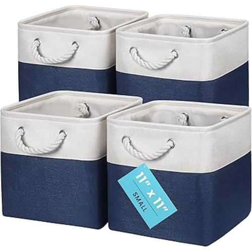 OrganiHaus 11x11 Cube Storage Bins 4 Pack, Foldable Cube Storage Organizer w/ Rope Handles, Collapsible Fabric Bins for Toys, Clothes & Closet Organization, Fabric Square Baskets - Navy Blue