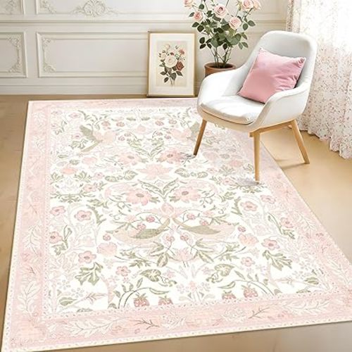 5'x7' Area Rugs Washable,Pink Rug for Living Room Bedroom,Large Boho Botanical Farmhouse Bohemian Distressed Oriental Carpet Non Slip,Blush Floral Bird