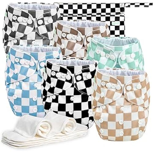 wegreeco Cloth Diapers 6 Pack with 6 Inserts & 1 Wet Bag, Washable Cloth Diapers for Babies, One Size Adjustable Reusable (Checkerboard)