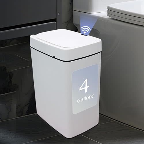 4 Gallon Automatic Sensor Trash Can - Smart Touchless Garbage Bin with Lid, Plastic Waterproof Material for Bathroom, Office, Kitchen, Bedroom (10.63 x 7.17 x 12.13 inches) White