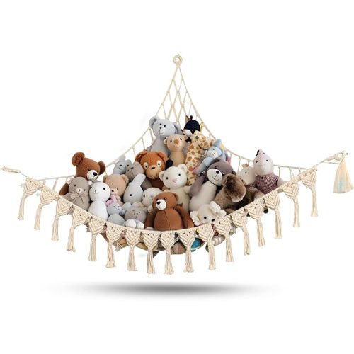 Extra Large Stuffed Animal Hammock with LED Lights 100% Natural Cotton Macrame Toy Storage Net for Plushies & Squishmallows Boho Macrame Corner Organizer for Kids’ Room or Nursery (Beige)