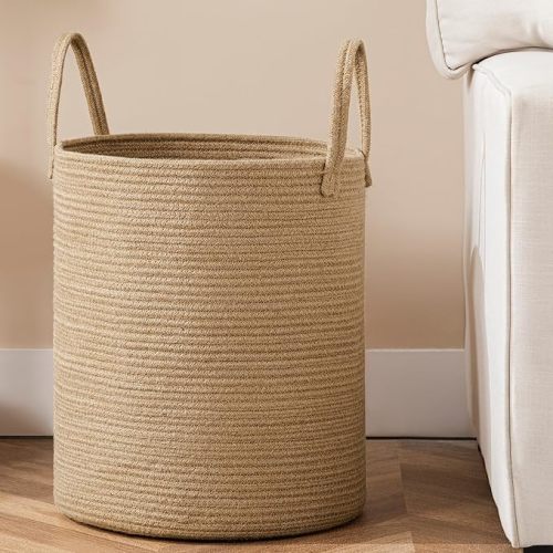 Laundry Basket, 52L Woven Laundry Hamper, Baby Nursery Hamper for Toys, Blanket Basket for Living Room, Clothes Hamper for Bedroom&Baby Room, Jute