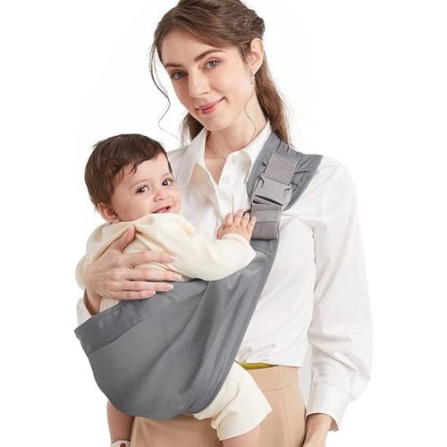 Baby Sling Carrier for Newborn, Pure Cotton Soft and Breathable Baby Carrier for Everyday Use, Adjustable, Portable, 0-36 Months, Up to 33 lbs (Grey)