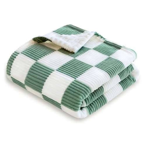 HOMRITAR Checkered Baby Blanket for Boys Sage Green Comfy Durable Corduroy Toddler Blankets with Double Layer 3D Square Grid Backing, Reversible Lightweight Bed Blanket for Infant Newborn 30 x 40 Inch