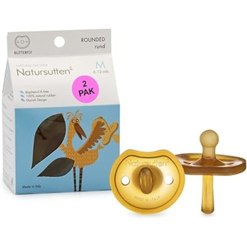 Natursutten Pacifier 6-12 - Natural Rubber Pacifier - Eco-Friendly, BPA-Free Butterfly Rounded Baby Pacifier 6-12 Months - Made in Italy - 2 Pack