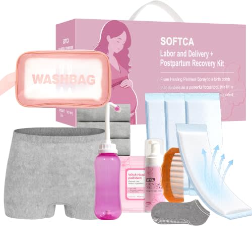 Postpartum Essentials Recovery Kit, Postpartum Kit for New Mom | Birth Comb, Peri Bottle, Disposable Underwears, Perineal Healing Foam, Instant Ice Pads, Cooling Pad Liners, Socks, Wash Bag