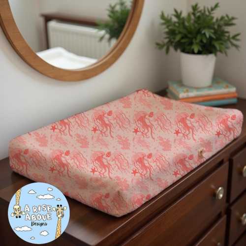 Changing Pad Cover, Pink Jellyfish Star Fish Coral Hand Drawn Design, Baby Nursery Decor, Ocean Theme Baby Shower Gift, Nursery Room