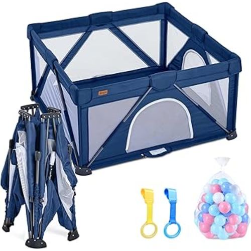 Baby Playpen Foldable, Playard for Babies and Toddlers, Portable Playpen Activity Center with 50 Balls+2 Handles for Travel, Indoor & Outdoor Play Pen with Mesh 50''x50''