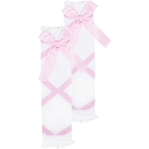 RuffleButts Girls Pink and White Ballet Bow Leg Warmers - One Size
