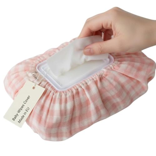 Baby Wipes Cover – Universal Size, One Size Fits All Wipes Packages | Muslin Cotton Tissue Cover for Nursery, Diaper Bag & Changing Table, Station | Gingham & Neutral Patterns (Pink Gingham)
