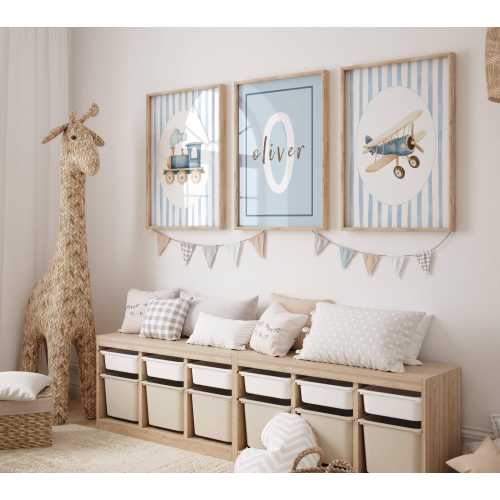 Vintage Blue Nursery Wall Art Set of 3, Train and Airplane, Personalized Initial, Transportation Baby Boy Decor