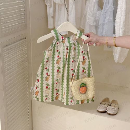 Toddler Girl Striped Bunny Strap Dress with Bag
