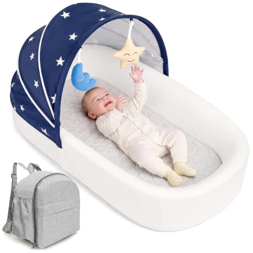 Portable Newborn Nest Lounger with Canopy & Mosquito Net-Lightweight Foldable Newborn Play Support & pad and Washable Cover, Indoor-Outdoor Use(Blue)