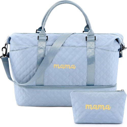Mama Hospital Bag for Women Labor Delivery Travel Duffle Bag with Shoe Compartment and Toiletry Pouch Waterproof Letter Embroidered for Pregnancy Weekender Overnight Gym Gift, Blue
