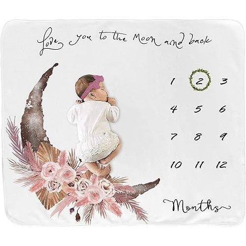 Baby Milestone Blanket for Baby Girl, Newborn Monthly Milestone Blanket, Baby Growth Chart Blanket, Boho Nursery Decor for Girls, Photo Prop with Wreath&Headband 45”x40”
