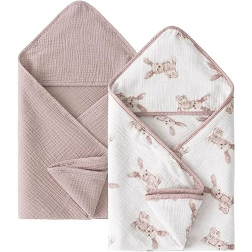 Little Jump Muslin Hooded Baby Bath Towels - 2 Pack 100% Cotton Towel for Babies, Infants, Toddlers - 32x32Inch - Highly Absorbent and Newborn Essential (Bunny)