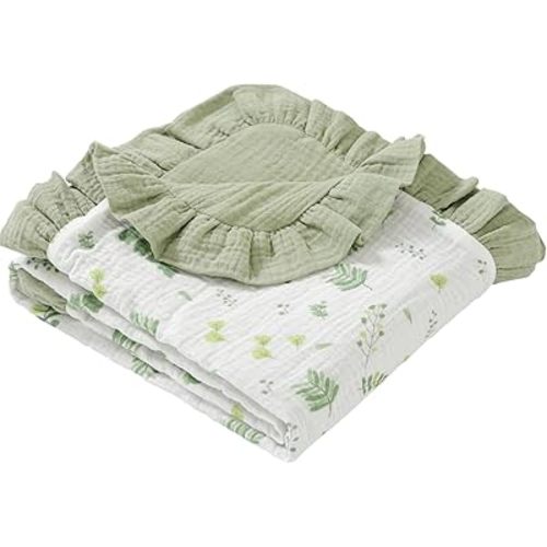 Flounce Muslin Baby Blanket - Cotton Quilt Blankets for Toddlers - Reversible Nursery Crib Blanket for Baby Boys and Girls 36"x40" (Green)