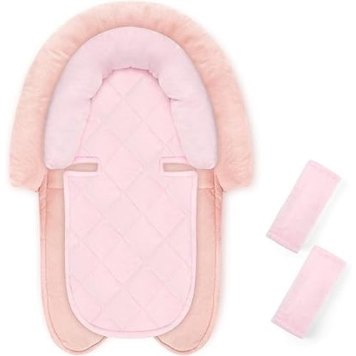 Baby Car Seat Head Body Support & Strap Covers, 2 in 1 Infant Car Seat Insert, Reversible Soft Breathable Newborn Cushion Pads for Preemie, Perfect for Baby Carseats, Strollers, Swings (Light Pink)