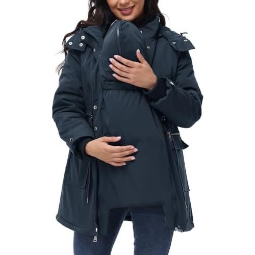 Maacie Maternity 3 in 1 Winter Coat Thicken Quilted Lined Warm Hooded Outwear Puffer Down Jacket Parka with Pockets