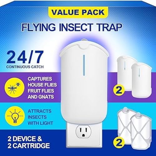 2 Flying Insect Traps & 2 Cartridges - Compatible with ZEVOM364A Refill - Plug in Fruit Fly Trap for Indoor - Bug Catcher for Gnats, House & Fruit Flies - Use in Any Room (2 Device & 2 Cartridges)