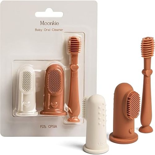 Moonkie Baby Finger Toothbrush Tongue Oral Cleaner Kit for 3 Months +, 3 Pcs (Clay/Ivory/Clay)