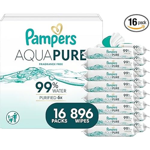 Pampers Aqua Pure Baby Wipes, 99% Water, Fragrance Free, 896 Baby Wipes Total (16X Flip-Top Packs) [Packaging May Vary]