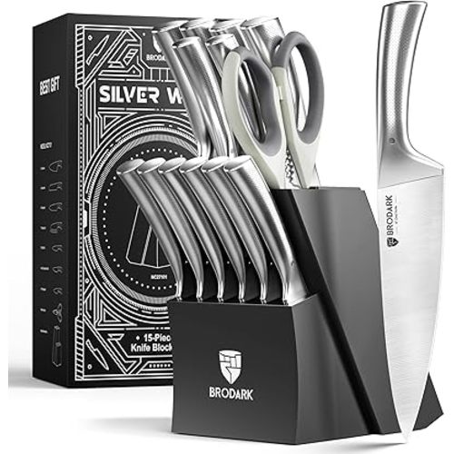Knife Block Set - Kitchen Knives Set with Block and Sharpener, 15 Pcs - Ultra Sharp Chef Knife, High Carbon German Stainless Steel, Ergonomic Handle Non Slip Grip, Silver Wolf Series Gift, Mothers Day