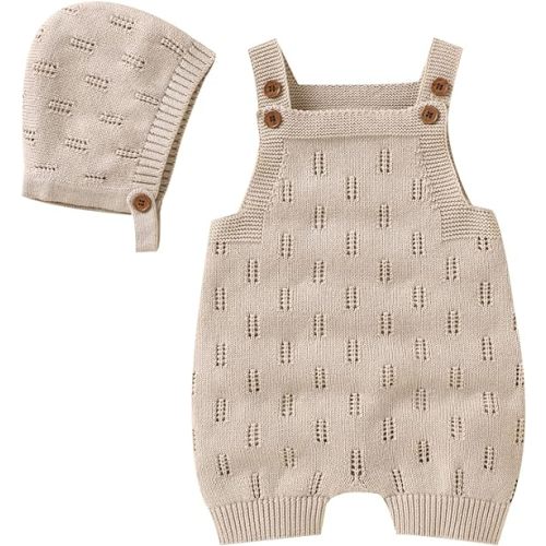 LAWKUL Baby Knit Romper Sleeveless 100% Cotton Jumpsuit with Hat Newborn Outfits Overall Bodysuit One Piece 2pcs