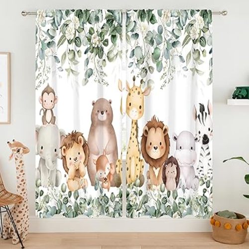 MESHELLY Kids Safari Animal Curtains 42Wx63H Inch Rod Pocket Cartoon Baby Boy Nursery Children Cute Lion Bedroom Window Drapes Woodland Jungle Printed Living Room Window Treatment Fabric