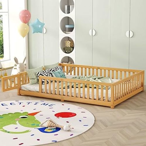 Montessori Queen Size Bed Frame with Wood Headboard and Removable Door, Wooden Kids Platform Bed for Boys Girls, Kids Bedroom Furniture, Noiseless No Box Spring Easy to Assemble (Natural, Queen)
