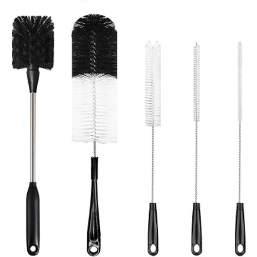 5 Pack Bottle Brush Set, Stainless Steel Water Bottle Brush, 3 Straw Cleaner Brushes,15in Narrow Bottle Brush for Cleaning Sports Water Bottle, Coffee Mug,Tumblers, Baby Bottles,Black