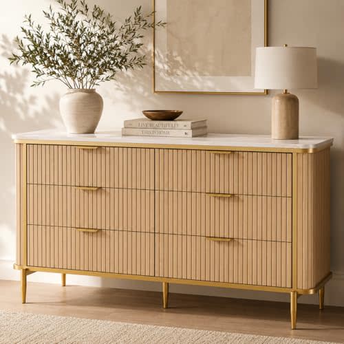 55.1" W 6 Drawer Dresser for Bedroom, Modern Fluted Wood Dresser with Marble-Look Top and Gold Accents, Double Chest of Drawers Storage Cabinet for Closet, Living Room, Entryway, Natural Oak