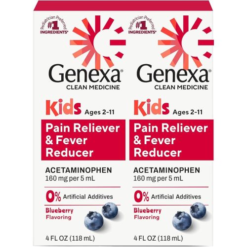 Genexa Children's Clean Acetaminophen | Pediatrician Preferred Ingredients | Pain & Fever Reducer for Kids | Dye Free, 0% Artificial Additives | Ages 2-11, Delicious Organic Blueberry Liquid, 4 fl oz