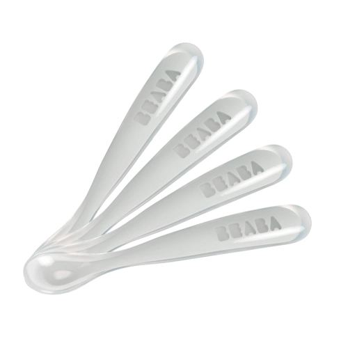 BEABA Baby's First Foods Spoon Set, Original Silicone Baby Spoons, 4 Pack, BPA Lead & Phthalate Free, Gray