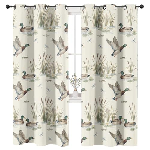 Blackout Curtains 63 Inches Long, Mallard Watercolor Duck 2 Panels, Hunting Nature Room Darkening Thermal Insulated Soundproof Grommet Window Treatments Drapes,42X63